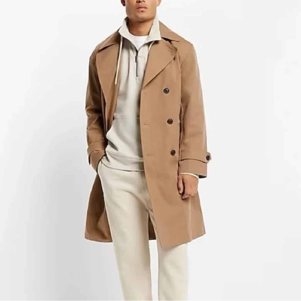 Express Men’s Khaki Water Resistant Long Trench Coat Size M
